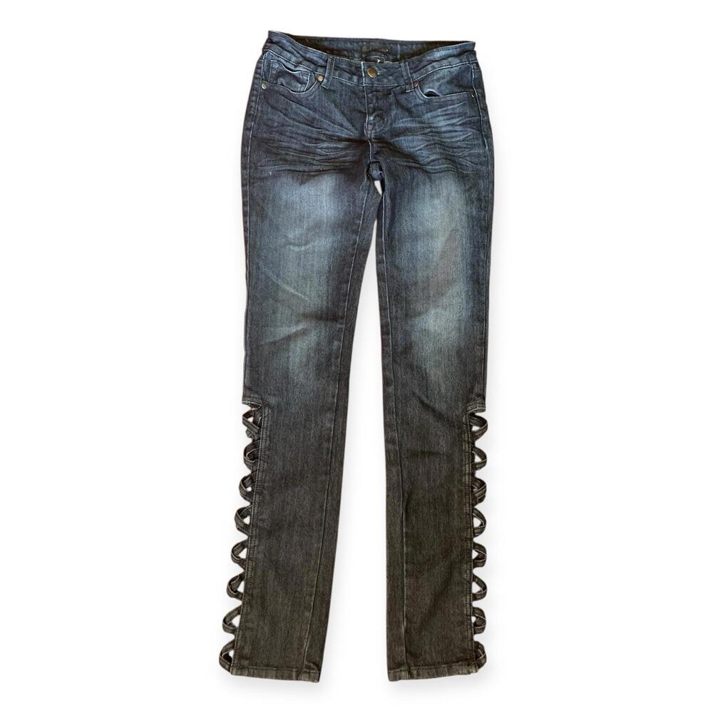 Black Crystal Jeans Womens Size 7 Skinny Leg Cut Outs Mid Rise Dark Wash Stretch